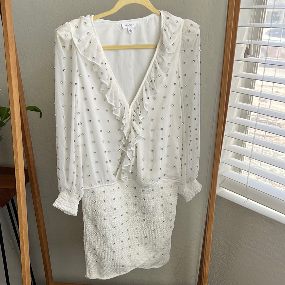 MABLE White Long Sleeve Dress with Rhinestones